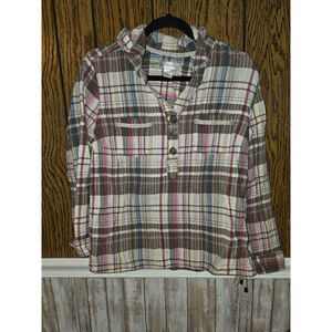 Women's Christopher & Banks Plaid Button Down Shirt L Brown Pink